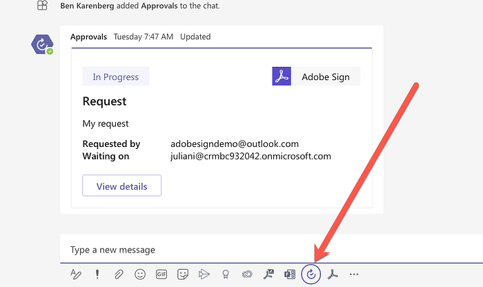Approvals Message Extension allows you to request a signature on a document in the context of a conversation.
