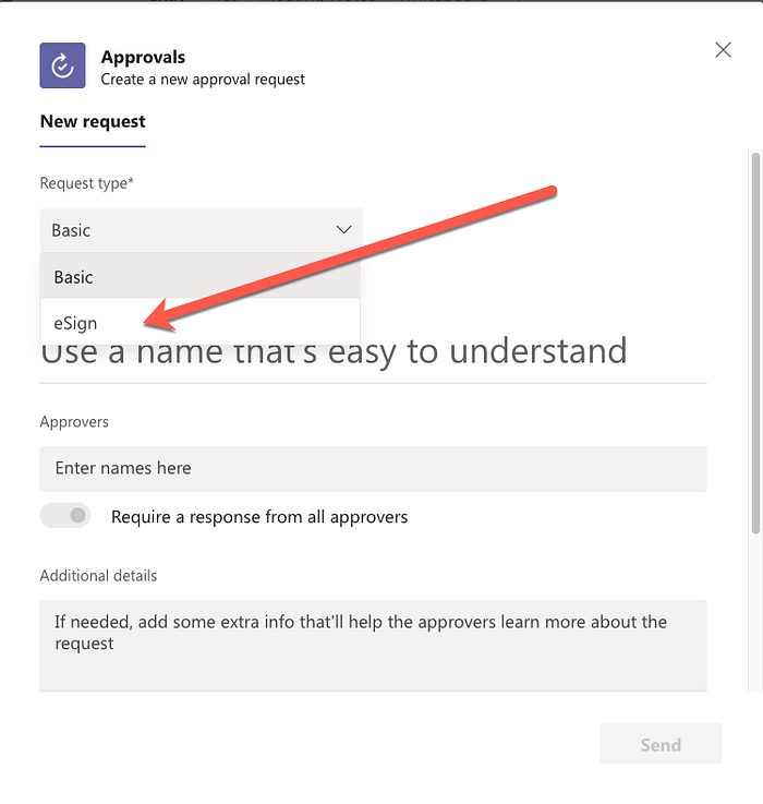 Request Type “eSign” allows you to send agreements for signature using Adobe Sign.
