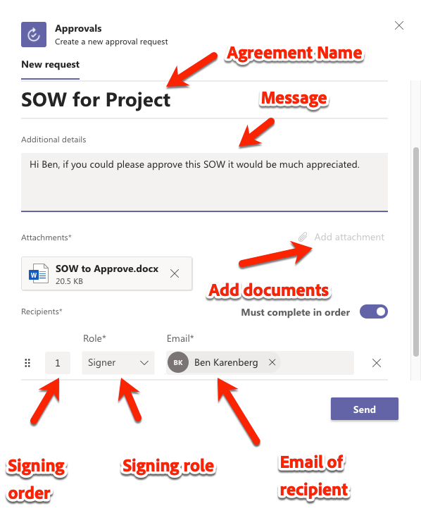 Directly within Approvals, you can specify your document routing, documents, etc.