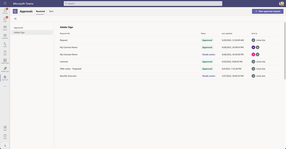 Approvals in Microsoft Teams allow you to track your approvals as well as your agreements you need to approve with Adobe Sign.