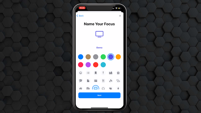 Setting the name of your Focus mode, the color, and the icon in iOS Settings.
