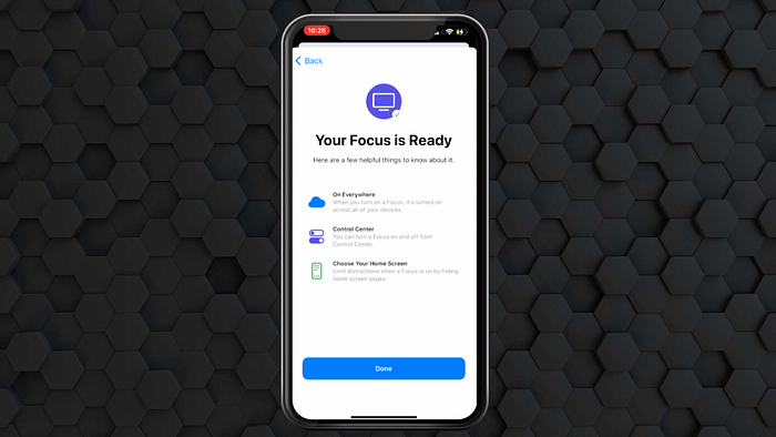 Focus mode in iOS setting shows that the Focus mode has been built.