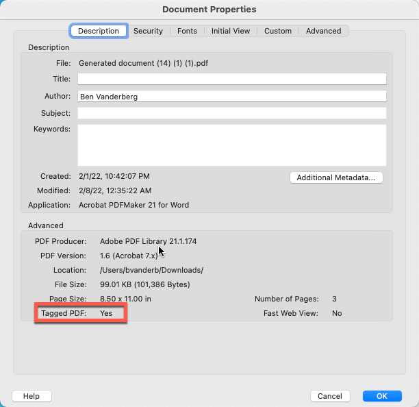 Document Properties menu allows you to see information about the document.
