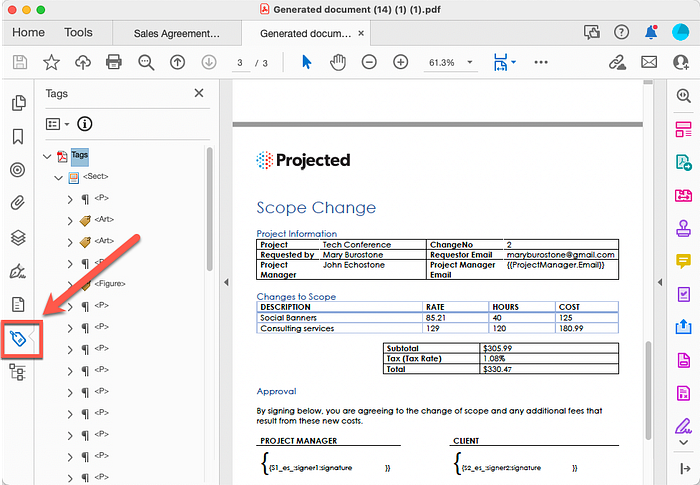 Tag sidebar allows you to see the tag structure in the PDF document.
