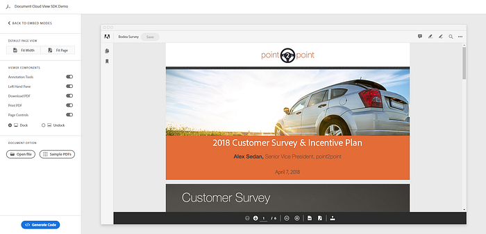 PDF Embed Demo site allows you to customize your viewer then generate an embed code.