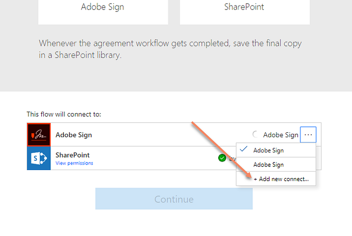 If not already completed, you need to authenticate to Adobe Sign and SharePoint in Microsoft Power Automate.