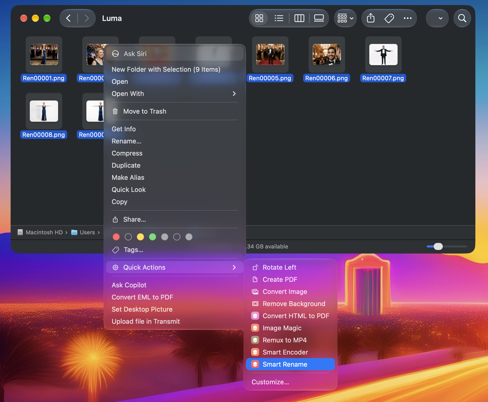 Finder’s right-click menu showing the Smart Rename shortcut under Quick Actions