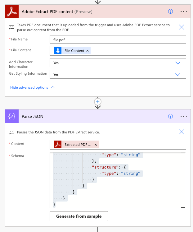 Parse JSON action allows you to take the content from PDF Extract action and make those fields easily accessible later in the flow.