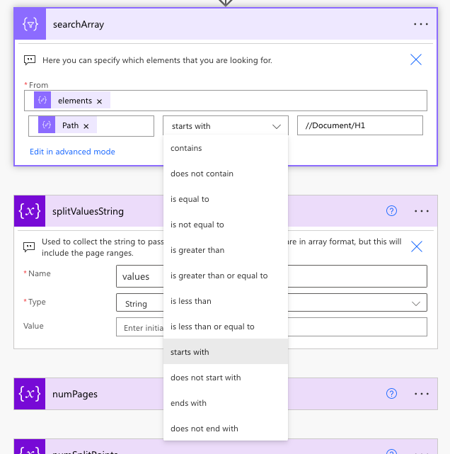 Filtering an array in Microsoft Power Automate allows you to find content elements from the PDF content based on certain criteria.