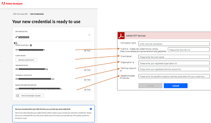 Adobe PDF Services connector credentials setup in Microsoft Power Automate