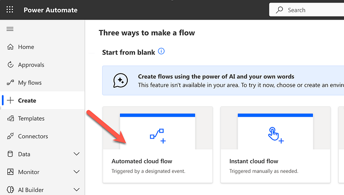 Creating a new automated cloud flow in Microsoft Power Automate