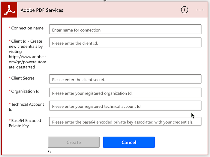 Create tagged PDF action selected in the Adobe PDF Services connector