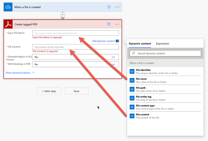 Adding dynamic file content variable to the Create tagged PDF action