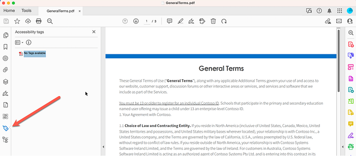 Checking for tags in the left sidebar of Adobe Acrobat Reader
