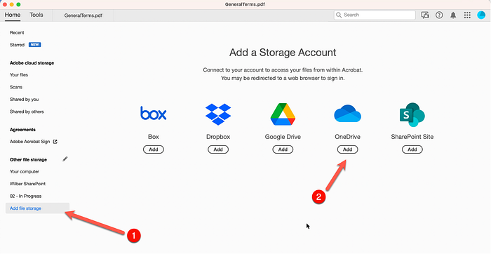 Add file storage option in Adobe Acrobat to connect OneDrive