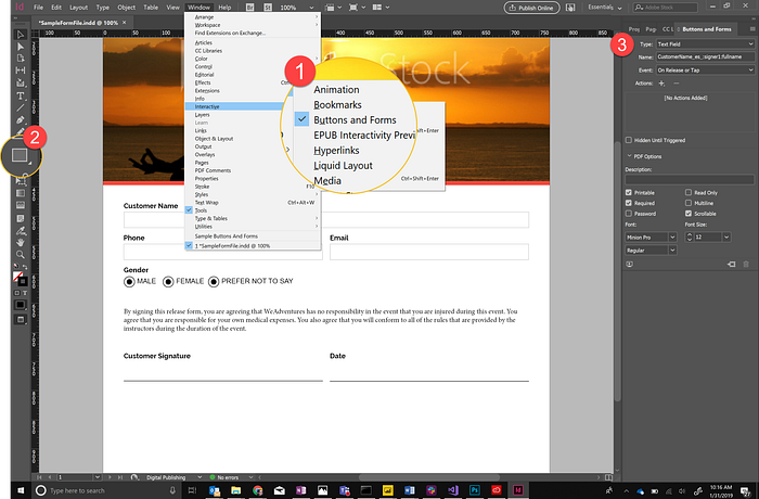 Steps for adding a Form field to an InDesign layout.