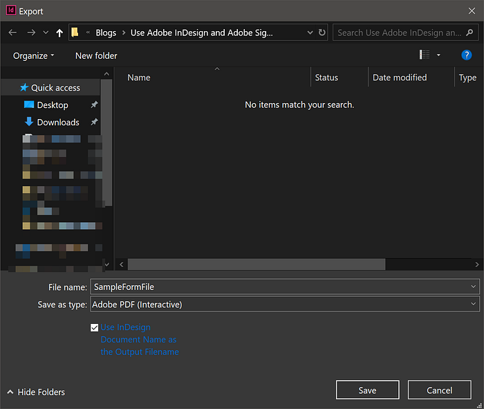 Save dialog for Adobe InDesign with Adobe PDF (Interactive) selected.