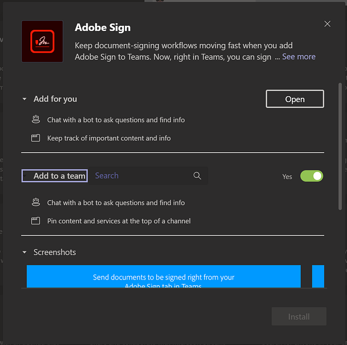 Installation for Adobe Acrobat Sign in Microsoft Teams.