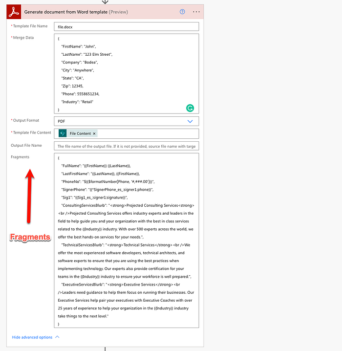 The Fragments field in the Generate Document from Word template action allows you to pass Fragments to Document Generation API.