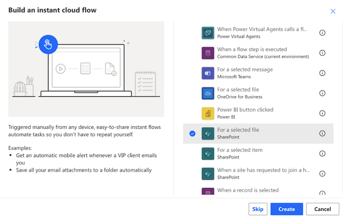 Select “for a selected file” when initiating your cloud flow in Microsoft Power Automate.