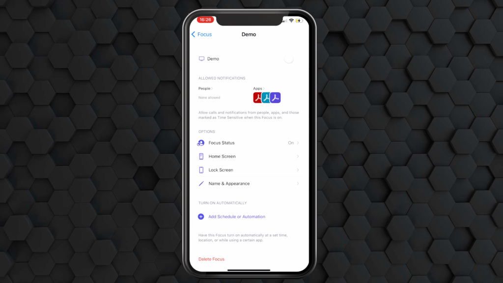 Focus mode settings in iOS Settings allowing you to choose which Home Screens are visible.